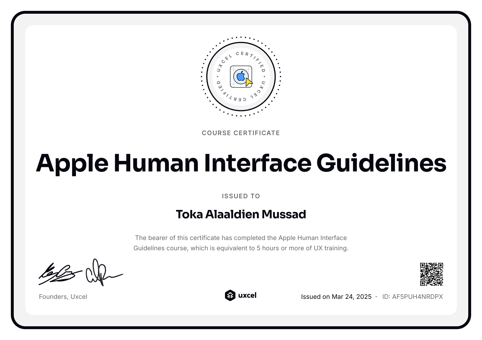 Toka Alaaldien Mussad's certificate